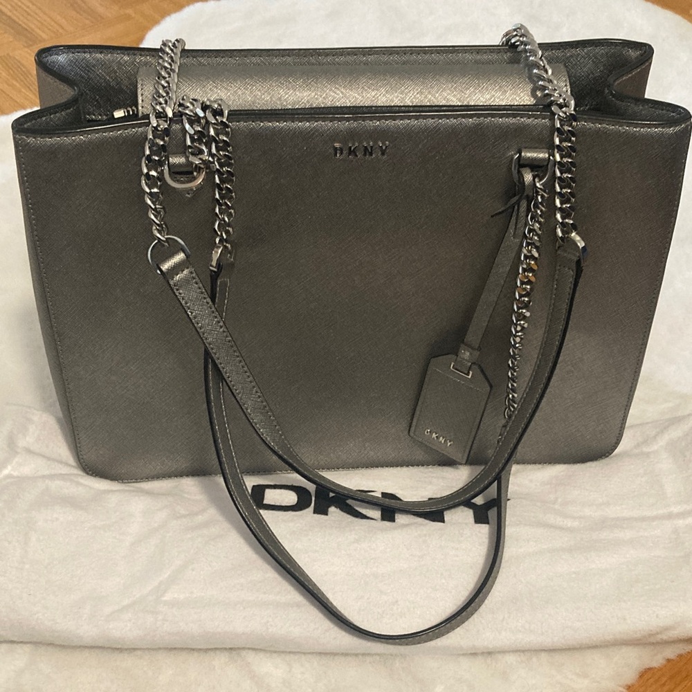 DKNY  Leather Shimmering Silver Shoulder Bag